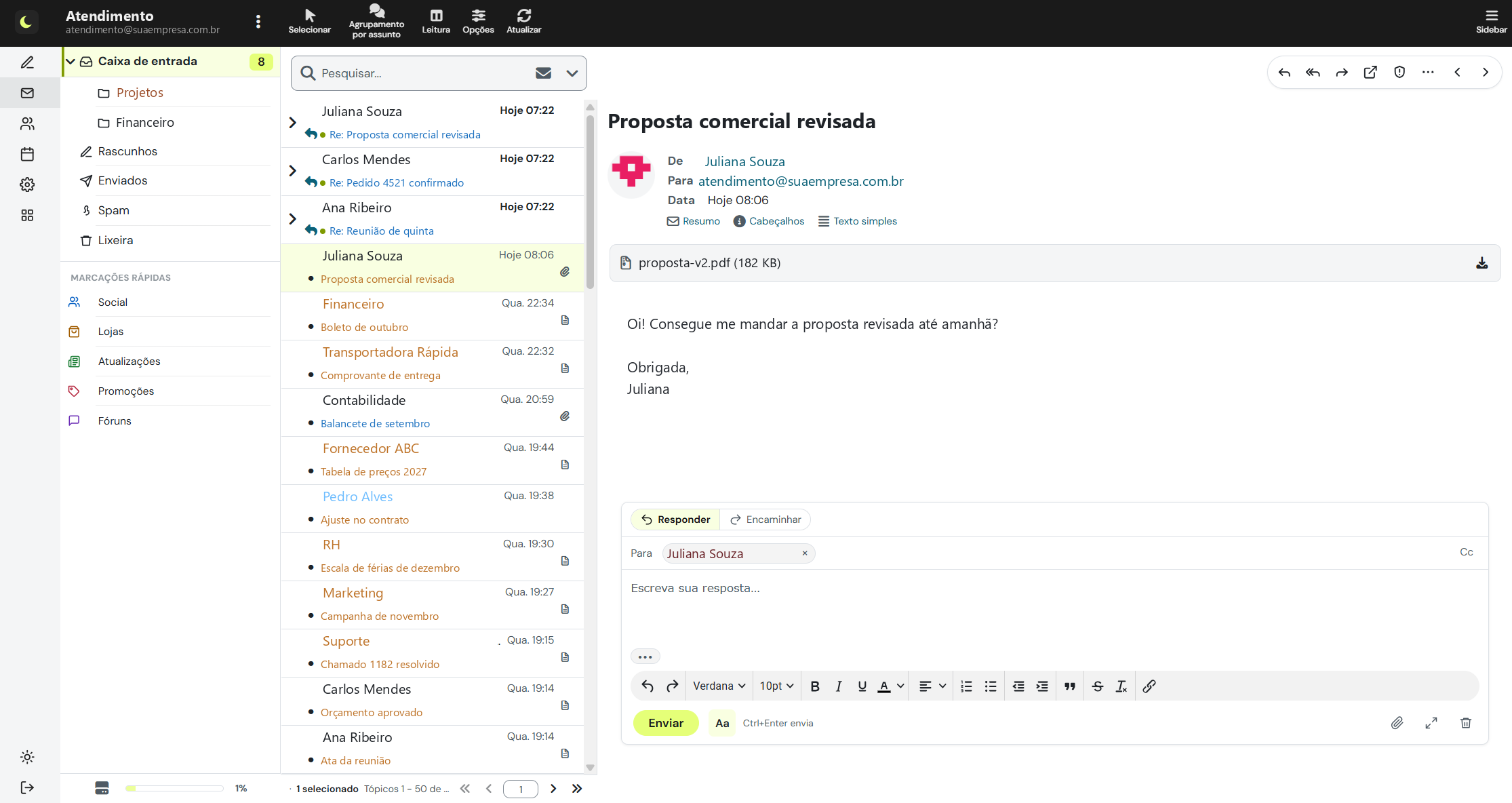 Webmail do lua.email no tema Lua+: pastas, Marcações rápidas, lista de mensagens e uma mensagem aberta com a resposta rápida logo abaixo