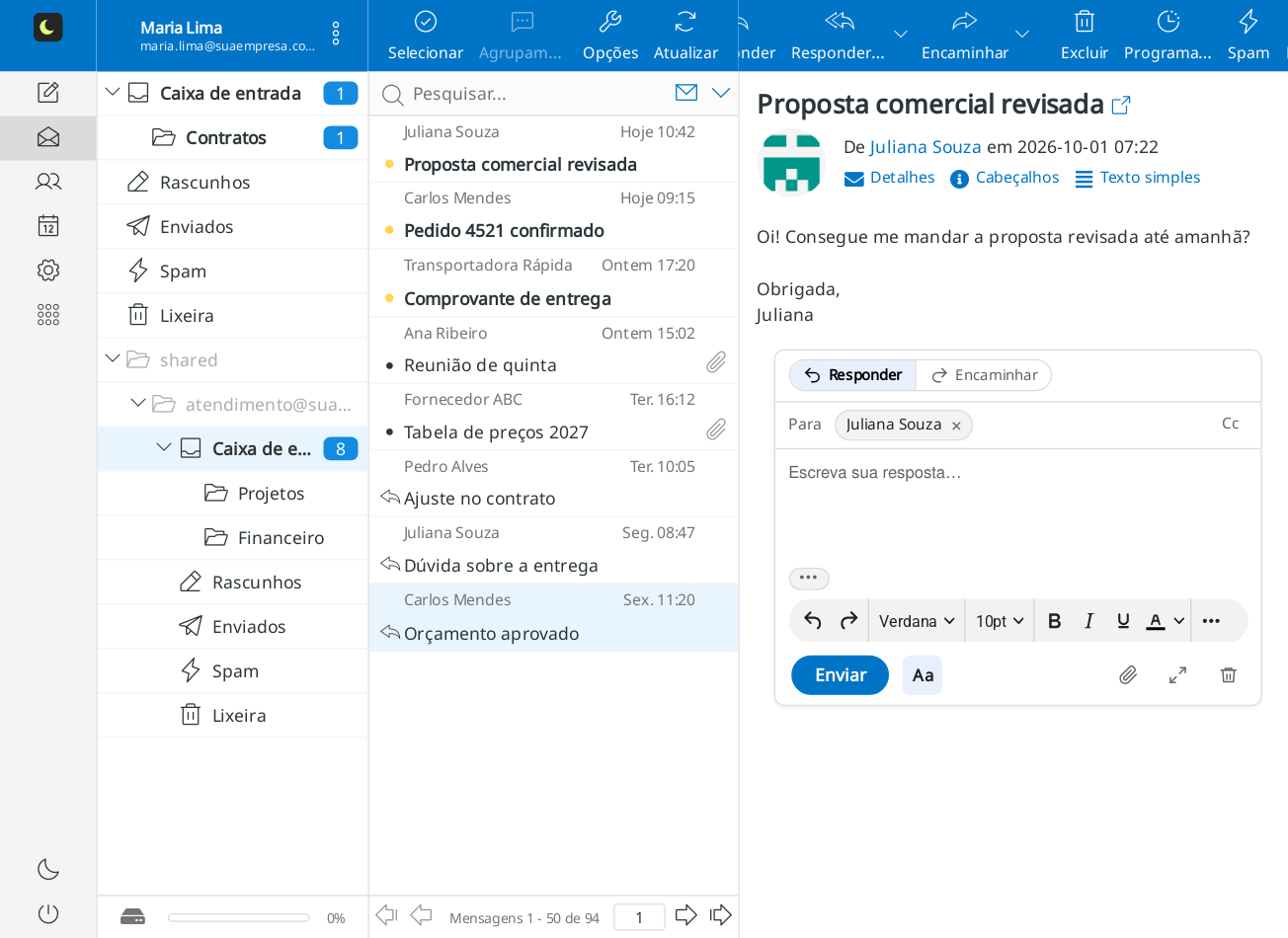 Webmail de uma colaboradora com a caixa atendimento@ compartilhada na lista de pastas e a resposta rápida aberta numa mensagem dessa caixa