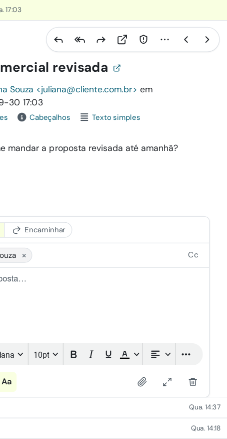 Mensagem aberta no webmail com a caixa de resposta logo abaixo: destinatário em etiqueta, editor de texto e botão Enviar